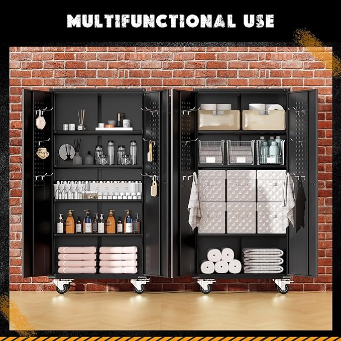Greenvelly Metal Storage Cabinet with Wheel,Lockable 74" Black Metal Garage Cabinets with 2 Doors and 4 Adjustable Shelves, Rolling Steel Tool Cabinet for Garage, Home Office, School