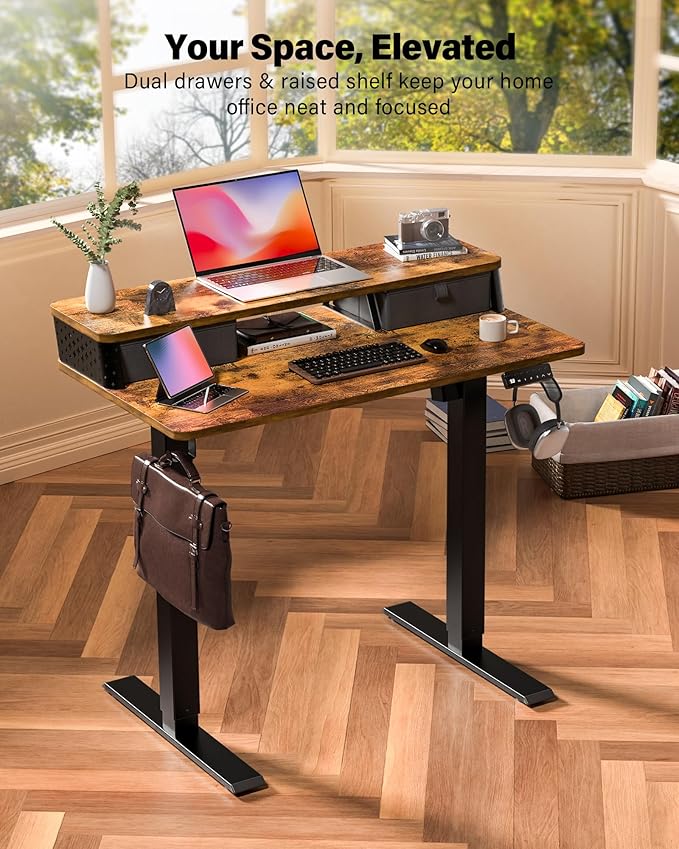 FiCiHi 35x20 Inch Standing Desk with Drawers, C-Clamp Mount Compatible, Electric Adjustable Height Computer Small Stand Up Desks, Home Office Sit Stand Table with 3 Preset Heights, Rustic Brown