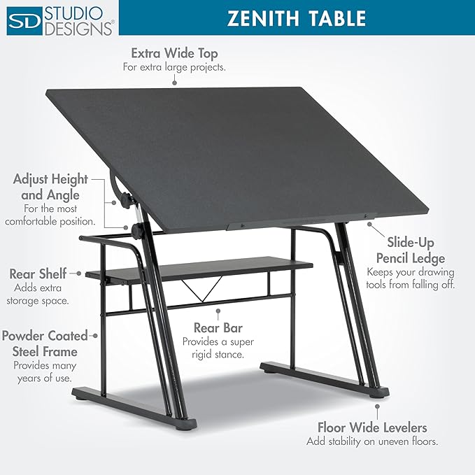 Studio Designs Zenith Height Adjustable Drafting Table with Shelf in Black, 42" W X 30" D