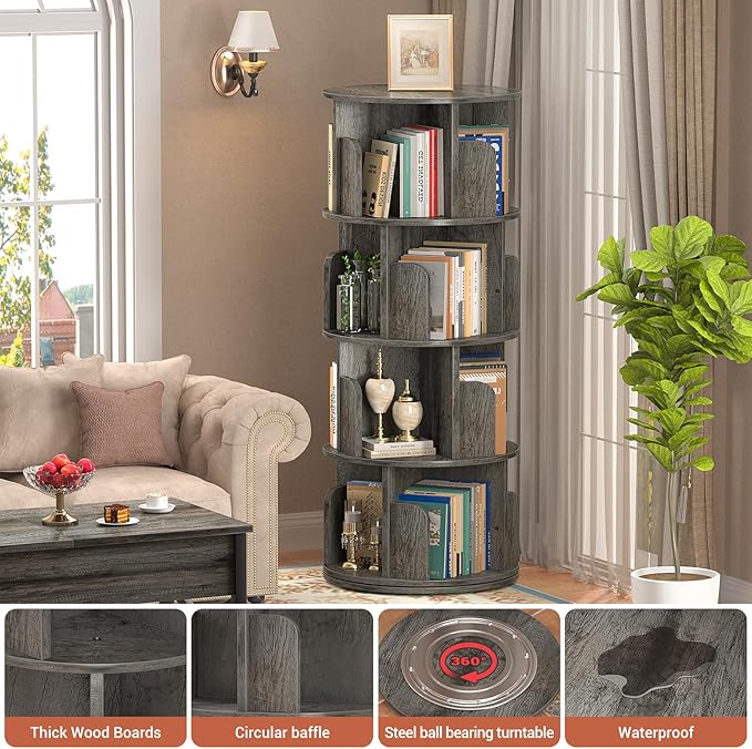 Besiost Rotating Bookshelf, Wood Corner Bookshelf, 360 Display Spinning Bookcase Storage Rack, 4 Tier Floor Standing Revolving Bookcase Narrow Book Shelf Organizer for Small Space, Bedroom, Grey Oak