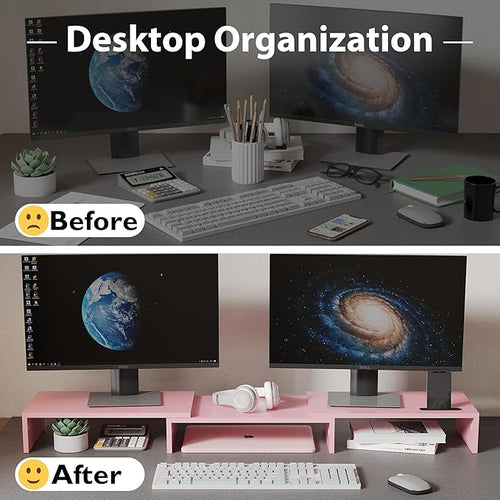 BONTEC Dual Monitor Stand Riser with Smartphone Holder, Adjustable Length & Swivel Angle, Ergonomic Wooden Desktop Organizer for PC Monitor, Laptop, Printer, Large Storage, Pink