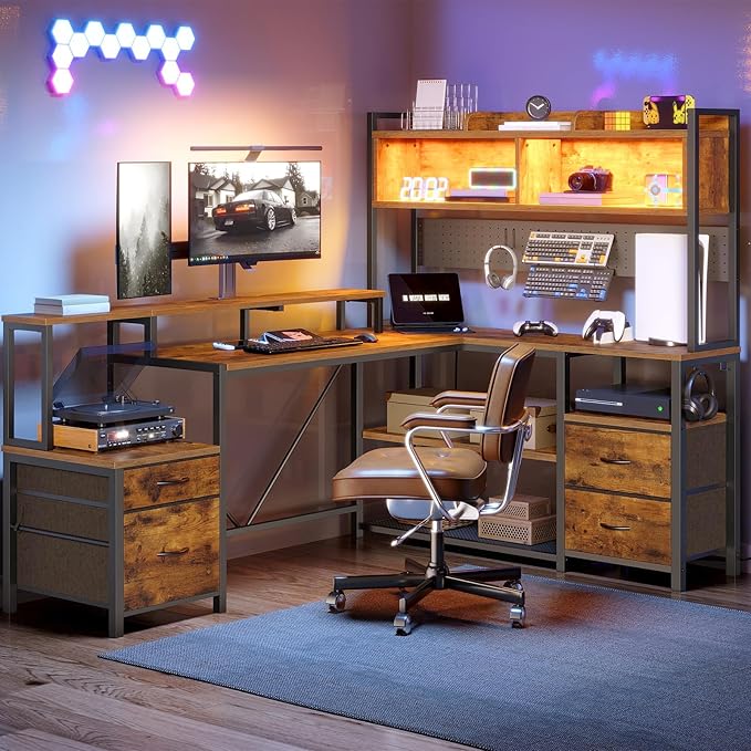 RALGEND 75inch L Shaped Computer Desk with Drawers, Large Gaming Desk with LED Light & Power Outlets, Corner Computer Desk with Storage Shelves & Monitor Stand for Home Office,Rustic Brown and Black