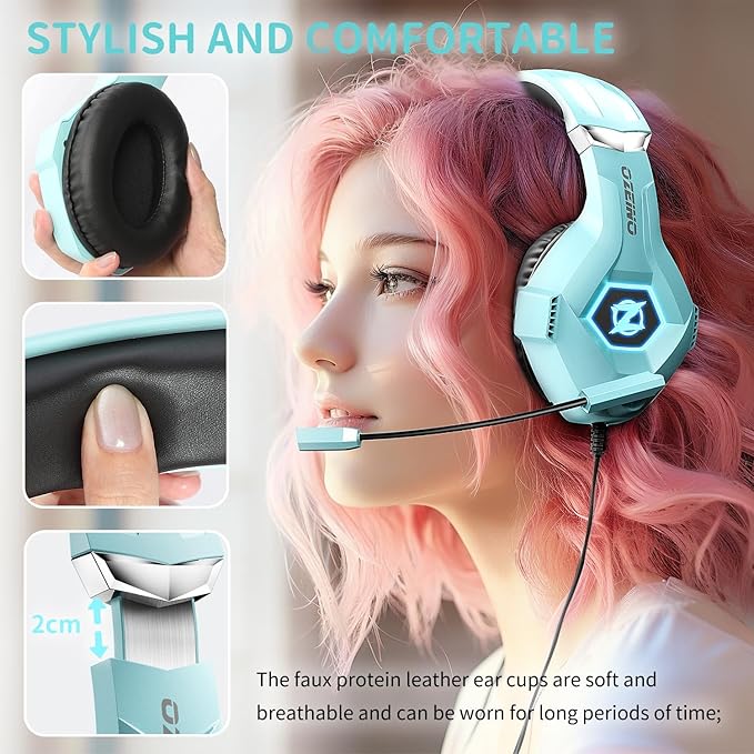 Ozeino Gaming Headset for PC, Ps4, Ps5, Xbox Headset with 7.1 Surround Sound, Gaming Headphones with Noise Cancelling Mic RGB Light Over Ear Headphones for Xbox Series X/S, Switch-Light Blue