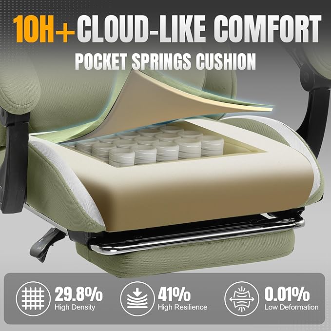 GTPLAYER Gaming Chair with Foot Rest & Pocket Spring Cushion, Breathable Fabric for Home Office Desk, Ergonomic High Back Computer Chair with Headrest & Lumbar Support, Green