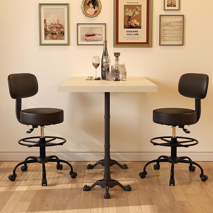Drafting Chair with Back, Adjustable Foot Rest Rolling Stool (1, Black)