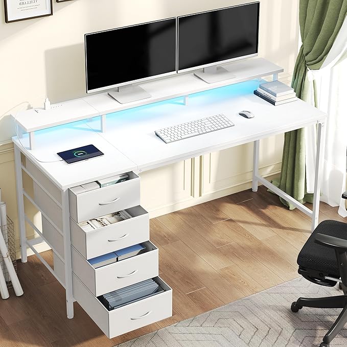 DUMOS Computer Desk with 4 Drawers,4 Drawer Gaming Desk with Power Outlets and LED Lights,Office Desk for Small Spaces with Monitor Shelf,Writing Desk for Home Office, Bedroom,Study 45 Inch White