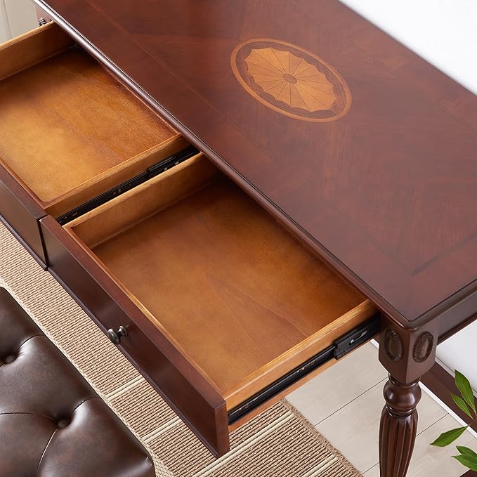 Vintage Wooden Writing Desk Stool Set, Small Secretary Desk and Cushioned Stool Set with 2 Drawers, 39.4" W Wood Writing Table Vanity Makeup Table Sets for Home Office-Cheery&Beige