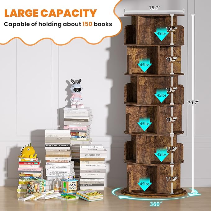 Besiost Rotating Bookshelf Tower, 6 Tier Spinning Bookcase, Revolving 360 Book Shelf Narrow Tall Bookcase, Vertical Turning Round Bookshelf Organizer, Corner Bookshelf for Small Space, Rustic Brown