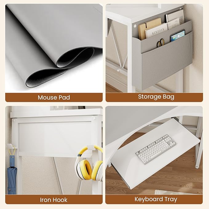 SEDETA Corner Desk, Small Computer Desk with Hutch & LED Lights, Triangle Corner Computer Desk with Keyboard Tray, Storage Bag, and Headphone Hook for Small Space, Home Office Desk, White