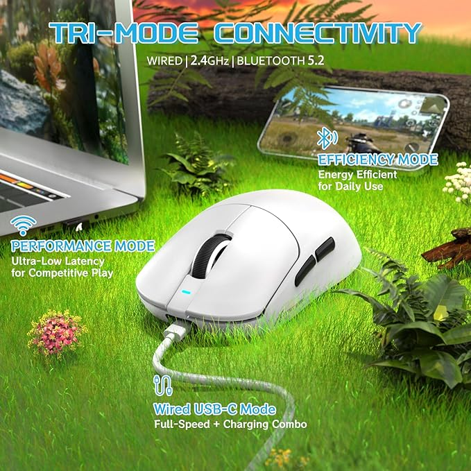 MAMBASNAKE×Attack Shark X8 Plus Wireless Gaming Mouse,Tri-Mode Connection,40000 DPI Ultra Lightweight,PAW3395PRO Sensor,150h Battery Life,5 programmable Buttons for Windows/Mac/Linux/XP-White