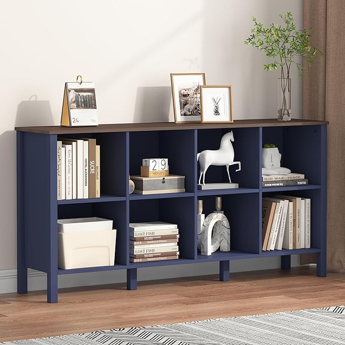 8-Cube Bookcase, Farmhouse Wooden Bookshelf Low Storage Organizer, 59" Horizontal Navy Blue Console with Legs, Hallway Book Case for Entryway, Display Cabinet for Living Room (Navy Blue, 8-Cube)