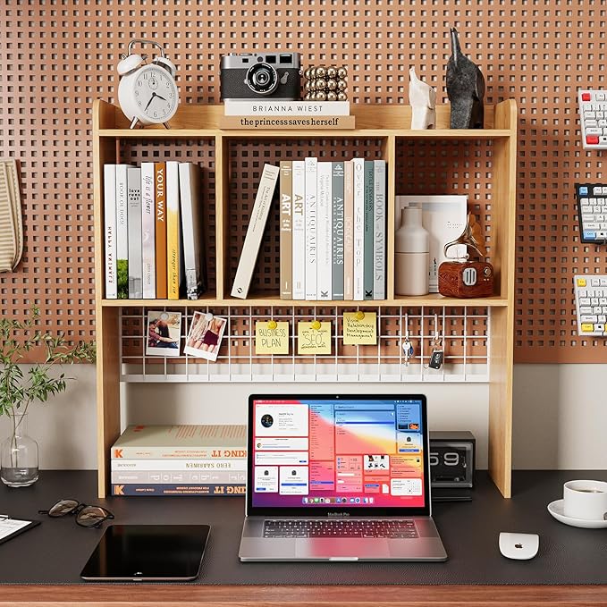 Desktop Bookshelf,Countertop Storage Hutch with 3 Shelves for Computer Desk，2-Tier Display Rack with Grid Panel, Multipurpose Wood Desk Hutch Storage Organizer for Home Office Dorm (Natural)