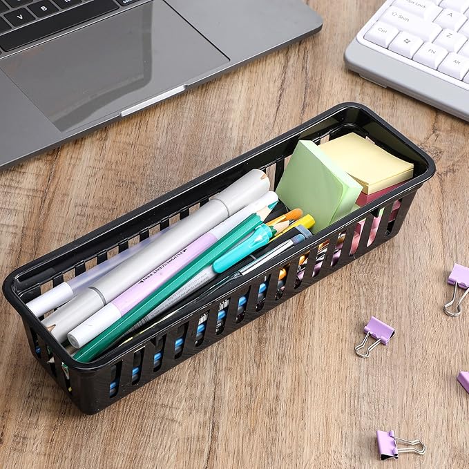 12 Pack Slim Plastic Storage Baskets Tray for Organizing, 10.24 x 3.15 x 2.36 Small Narrow Storage Bins Stackable Drawer Pencil Trays Holder for Desk Garage Cabinet Containers (Black)