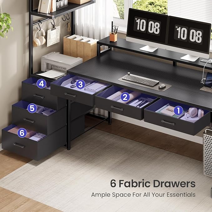 SEDETA 55" Gaming Desk with 6 Drawers, Corner Gaming Desk with Storage & LED Lights, Reversible PC Desk with Power Outlet, Corner Computer Desk with Hutch, Monitor Stand, Side Hook, Carbon Fiber Black