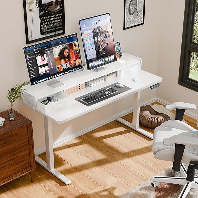 YESHOMY 55" x 23" Electric Standing Desk with 2 Drawers, Height Adjustable Computer Desk, Low Noise Home Office Stand Up Desk with 2 Preset Heights & 2 Hooks, White