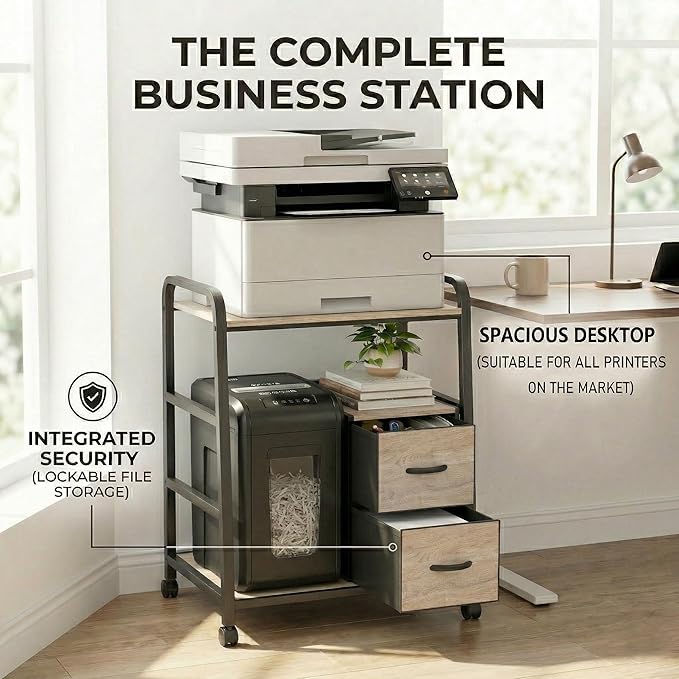 Printer Stand Featuring Fabric Drawers, Under Desk Host Computer Cabinet and Shredder Shelf, Heavy Duty Printer Stand with Storage Workstation Organization Printer Table for Home Office