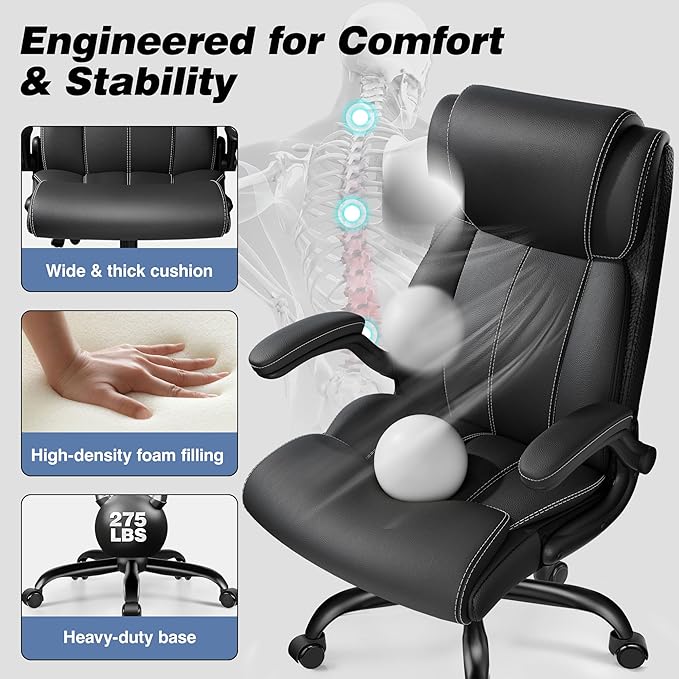 BESTFAIR Ergonomic Office Chair - Desk Computer Chair, Leather High Back Executive Chairs with Adjustable Lumbar Support & Flip Up Arms, Black 6 Pack