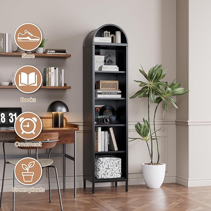 Aobabo Black Narrow Arched Bookshelf, 72.8" H Metal Arch Bookcase with 4 Adjustable Shelves, Open Display Arched Bookcase for Dining Room, Home, Office, Assembly Required