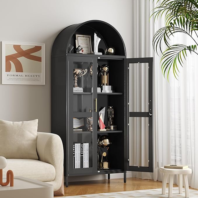 VEXPOR 73" Tall Arched Display Cabinet with Glass Doors, Metal Arched Curio Cabinet with Lock for Living Room, Home Office, Assembly Required