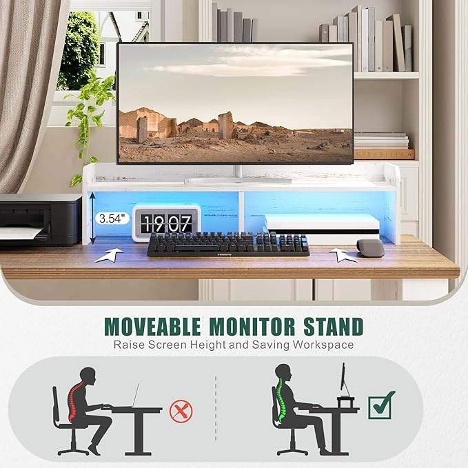 Lareth Executive L Shaped Desk with Monitor Stand, 59 inch Farmhouse Corner Computer Desk with Power Outlets & LED Lights, Home Office Desk with File Cabinet for Working Gaming Writing, White