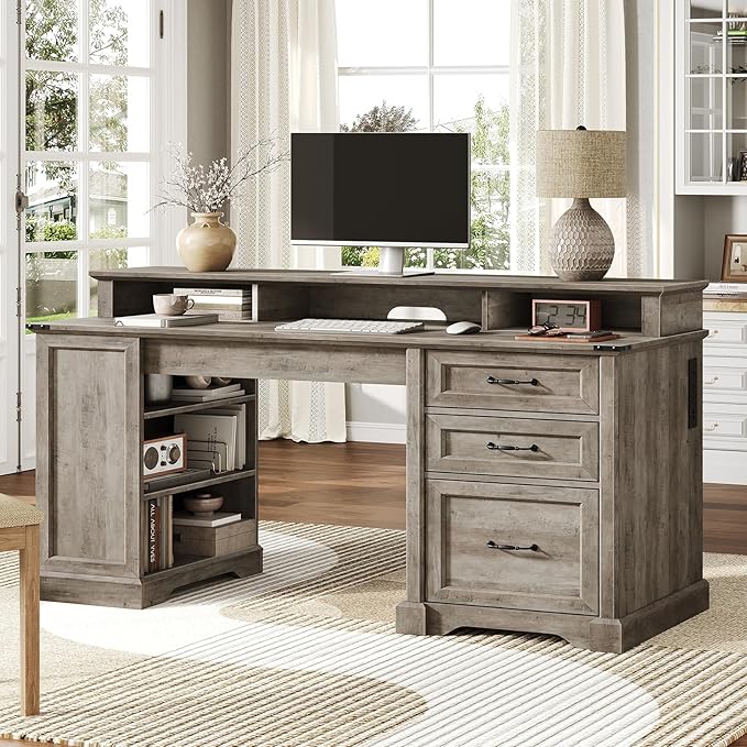 RALGEND 2 Pack 55'' Farmhouse Executive Desk with Drawers, Computer Desk with File Cabinet and Side Bookshelf, Writing Gaming Desk with Monitor Stand, Greige
