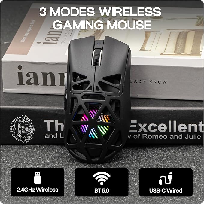MechLands Aula SC620 Gaming Mouse, 2.4G/USB-C/BT Wireless Mouse with 400mAh Battery, Adjustable 12,000 DPI & 1000 Polling Rate, PAW3311 Sensor, RGB Lighting, Programmable Buttons, for Win/Mac (Black)