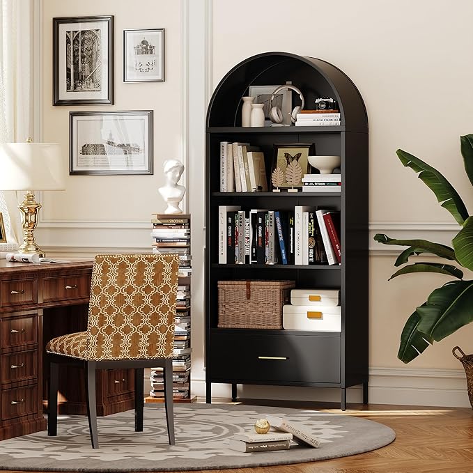 VEXPOR 73" Tall Arched Bookcase Cabinet, 5-Tiers Metal Black Arched Bookshelf with Drawer for Living Room, Home Office, Assembly Required, 15.35" D x 30.71" W x 72.83" H