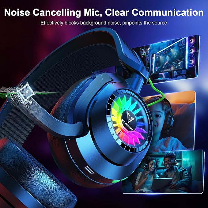 Vakedy HW10 Wireless Gaming Headset for PS5, PS4, PC, Switch, Mac, 2.4GHz Wireless Gaming Headphone with Flip Noise Canceling Mic, 50H Battery, 50mm Drivers, RGB Lights (Cool Black)