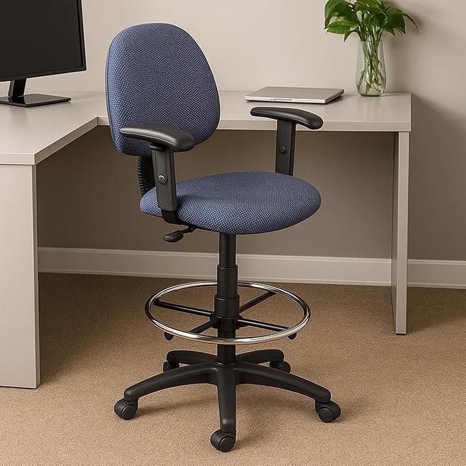 Benzara Jea Drafting Stool Chair, Adjustable Arms, Blue Tweed, Round Footring