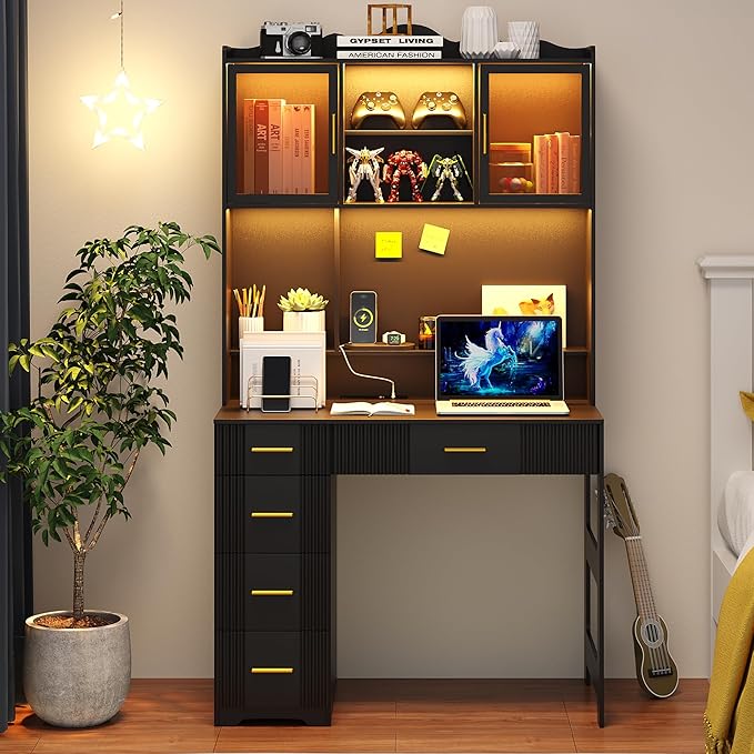 WOOVIVS LED Study Desk with Hutch and Drawer, Home Office Desk with Outlet, Computer Desk with Charging Station, Writing Desk for Bedroom, Workstation for Small Space (Black)