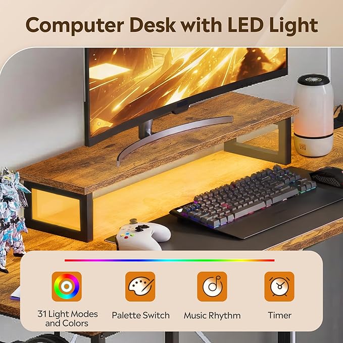 DEVAISE L Shaped Desk with Drawers and Storage, L Shaped Office Desk with Power Outlets, CPU Stand, Monitor Stand, Gaming Table with LED Light, Corner Desk for Home Office (Rustic Brown, 48*31 Inch)
