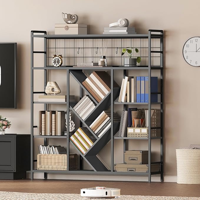 RALGEND Triple 5-Tier Bookshelf, Industrial Large Wide Bookcase with 14 Open Display Shelves, Modern Tree Bookcase Metal Frame Bookshelf with Hanging Function for Living Room Home Office, Black