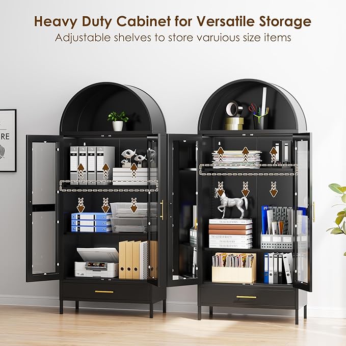 VEXPOR 73" Tall Arched Display Cabinet with Glass Doors, Metal Arched Curio Cabinet with Drawer for Living Room, Home Office, Assembly Required, Black