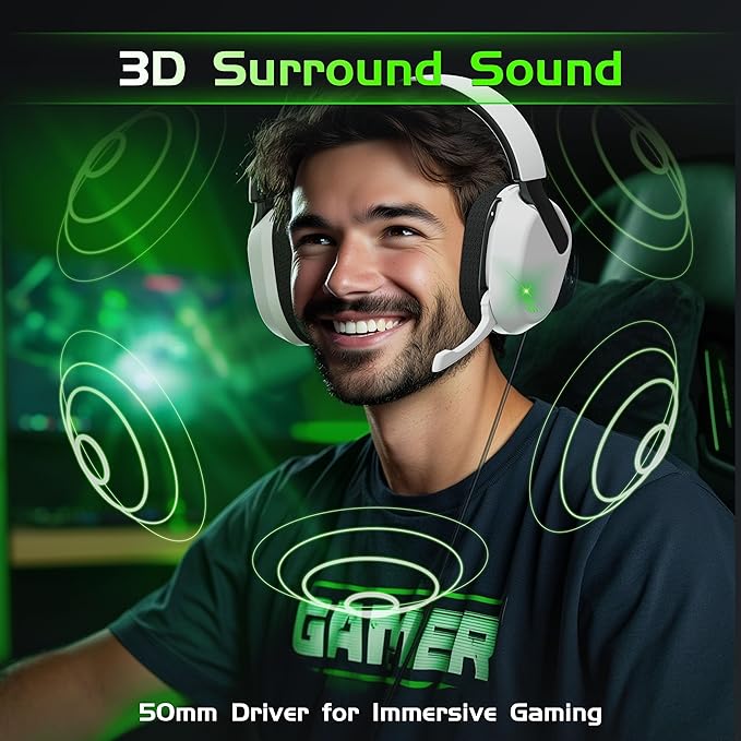 Gvyugke Wireless Gaming Headset for Xbox Series X/S, Xbox One, PS5, PC, Mac, Bluetooth 6.0 Gaming Headphones with Flip-to-Mute Noise-Canceling Mic, Foldable, 3D Surround Sound, 45H Battery - White