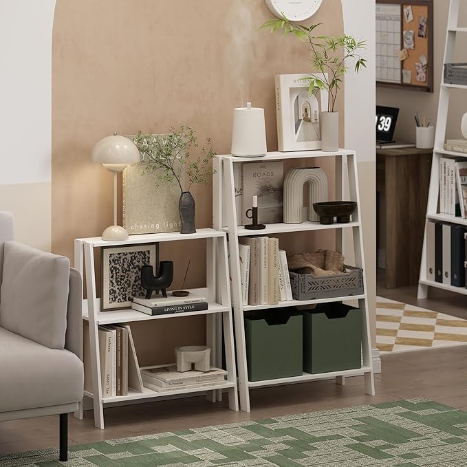 Furinno Ladder Book Shelf, 4-Tier Ladder Shelf, Open Design Bookshelf, Display Storage Bookcase, 10.9" x 23.6" x 38.4", Living Room, Home Office, White