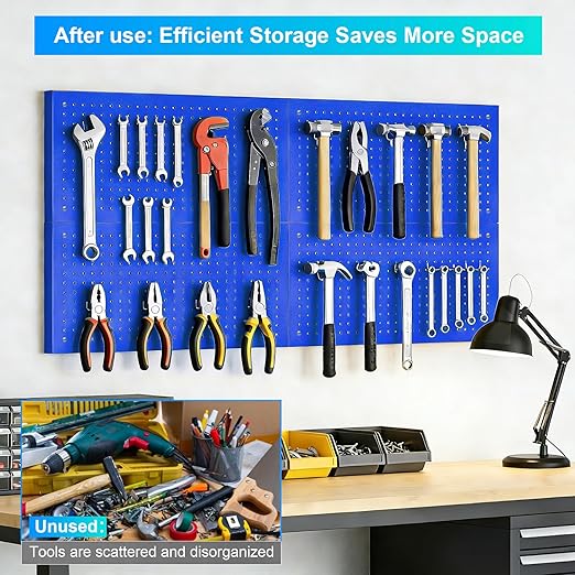 Metal Pegboard Panels 4 Pack, 24" x 12" Heavy Duty Rust-Proof Wall Organizer, Sturdy Steel Storage Board for Garage, Workshop & Craft Room, Blue
