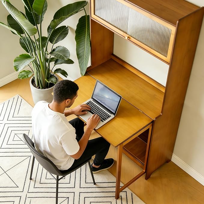 Fold-Out Convertible Office Table, Space-Saving Folding Writing Desk with Hutch & Storage Shelves, Pet-Friendly Foldable Computer Desk with Free Cat Bed for Small Spaces (Walnut1)