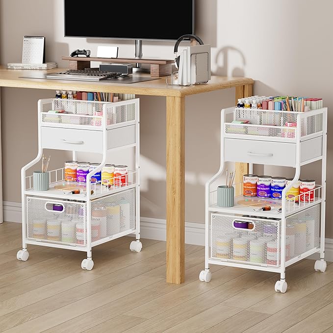 SWTYMIKI Rolling Under Desk Storage - Utility Cart with Drawers & DIY Divider - Art Cart Organizer on Wheels - Craft Storage Drawers Rolling Cart for Office, Craft Room & Studio White