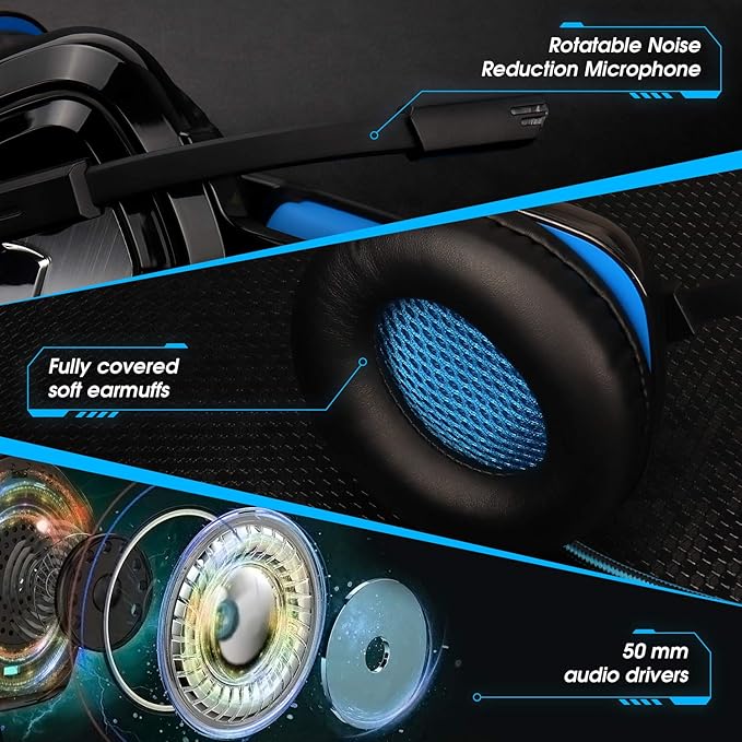 August Gaming Headphones for PC PS4 Xbox Switch Wired USB Double Jack EPG100L - Gaming Headset with RGB-LED Light Noise Reduction Microphone 50mm Driver Flip Mute 4D Surround Sound 3.5mm Cable