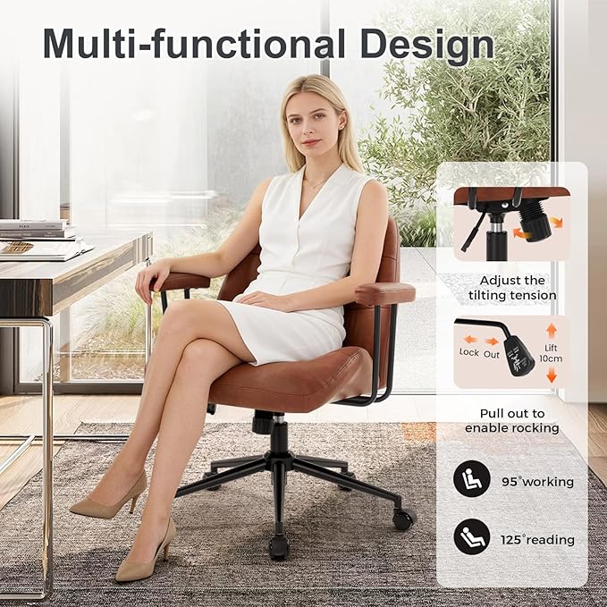 IWMH Home Office Chair, PU Leather Office Chair with Removable Armrests, Mid-Century Modern Desk Chairs with Lumbar Support, Ergonomic Executive Task Chairs, Height Adjustable (Brown)