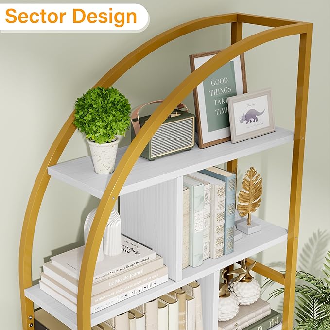 Jehiatek 71" Arc Gold Bookshelf with Storage Cabinet, Tall 6 Tiers Industrial Bookcase with Sturdy Metal Frame, Geometric Book Shelf for Lving Room, Home Office, Gold and White