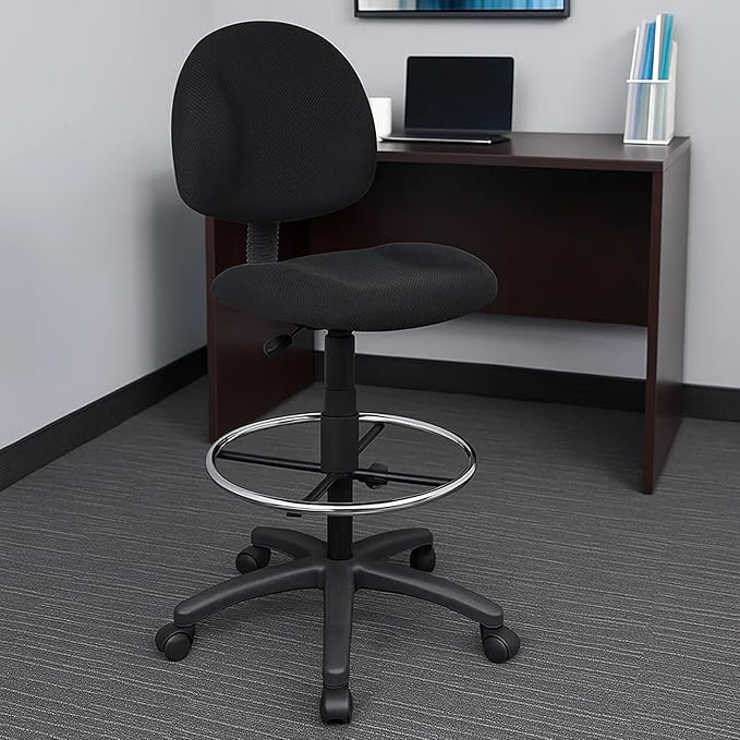Benzara Jea Drafting Stool Chair, Black Tweed, Contoured Back and Footring