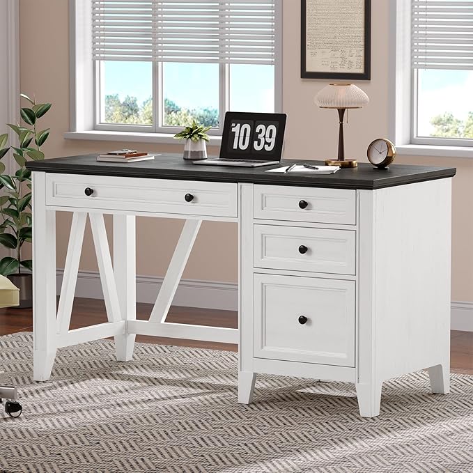 ONBRILL 54 Inch Farmhouse Executive Desk, Computer Desk with Drawers, Home Office Desk with Charging Station, for Working Studying Writing, White