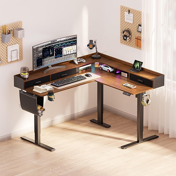 WALKINGDESK 63 Inches Height Adjustable L Shaped Standing Desk with 3 Drawers and Monitor Shelf, Electric Sit to Stand Home Office Comupter Table, Ergonomic Corner Gaming Desk, Black Walnut