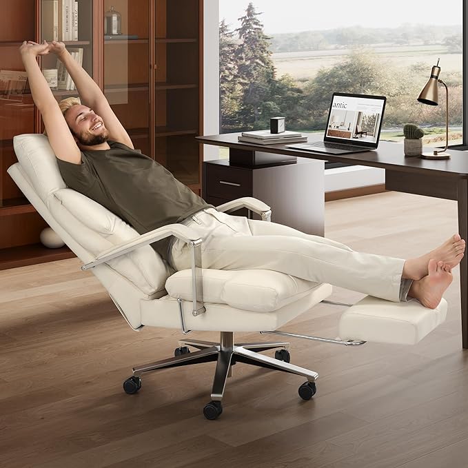 OKUP M76 160° Reclining Executive Office Chair with Footrest, Adjustable Seat Depth, 10" Thick Cloud Cushion Desk Chair, 420lb Heavy Duty High Back Leather Desk Chair for Home Office, Cream