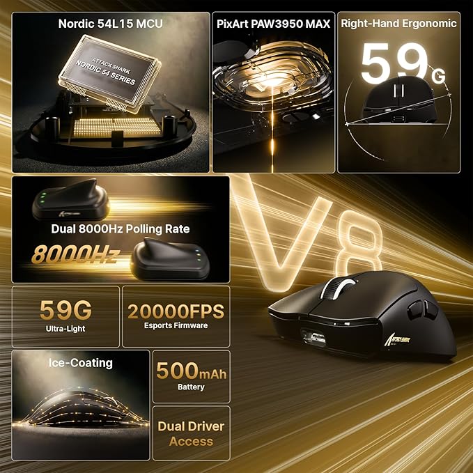 ATTACK SHARK V8 8K Wireless Gaming Mouse Whit 42000 DPI-PAW3950 MAX Sensor-59g Lightweight-Nordic54L15 MCU-400h Battery Life, Triple Modes,Gaming Accessories for PC/Laptop/Mac (Black)