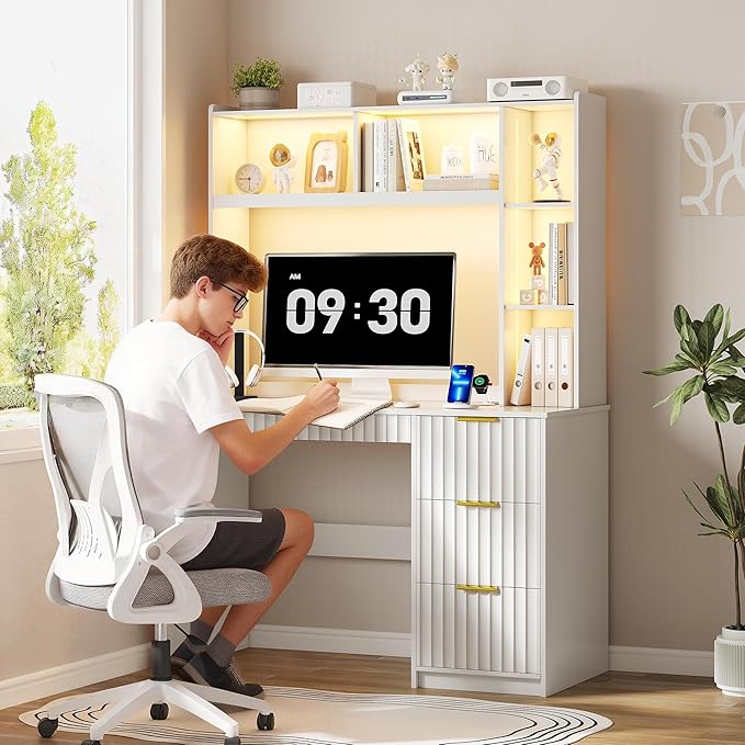 Lvifur LED Study Desk - with Hutch & Storage Cabinet,Home Office Desk with Outlet and 3 Color LED and Card-Based Lock,Writing Desk Computer Desks for Studyroom,Ideal for Office Set,White