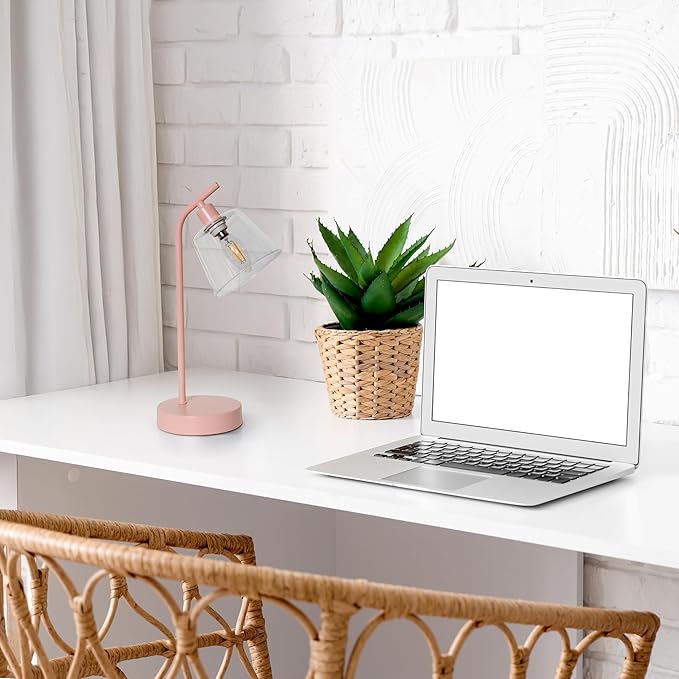 Simple Designs LD1080-BPK 16" Sleek Essentials Modern Industrial Metal Desk Lamp with Clear Glass Shade, for Office, Desk, Nightstand, Dorm, Pink