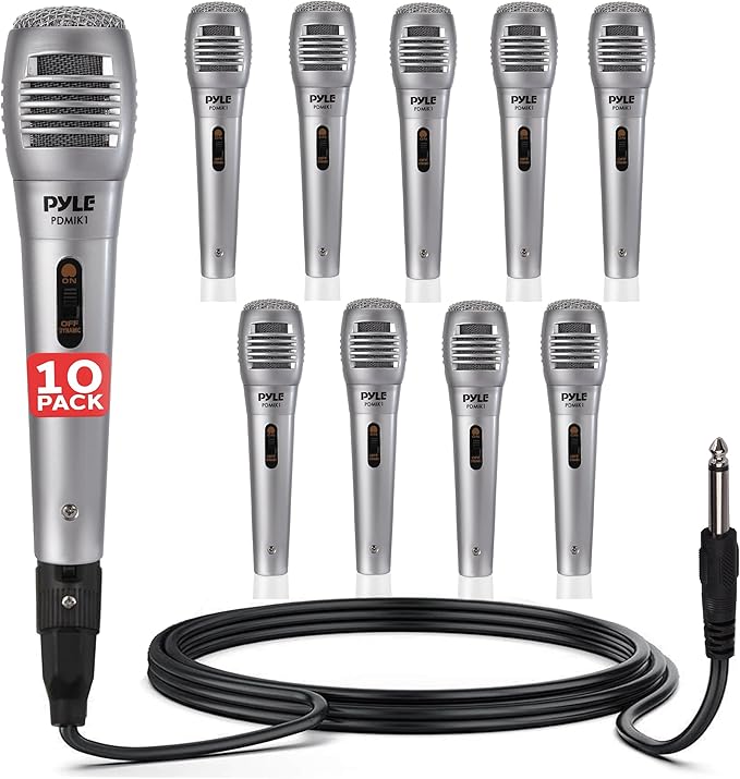 Pyle Professional Dynamic Microphone - 10-Pack Unidirectional Handheld Mic with Built-in Pop Filter, High Signal Output, 6.5 ft. XLR Audio Cable, Ideal for Stage, Karaoke & Studio Performances