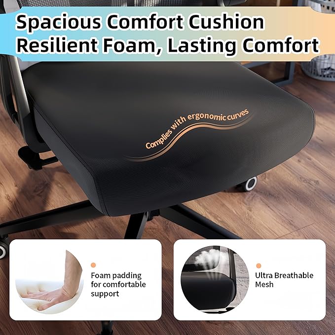 Ergonomic Office Chair - 350LB Comfy Desk Chairs with Adjustable Headrest and Lumbar Back Support, Mesh Computer Chairs with Wheels and Arms for Home Office, Study